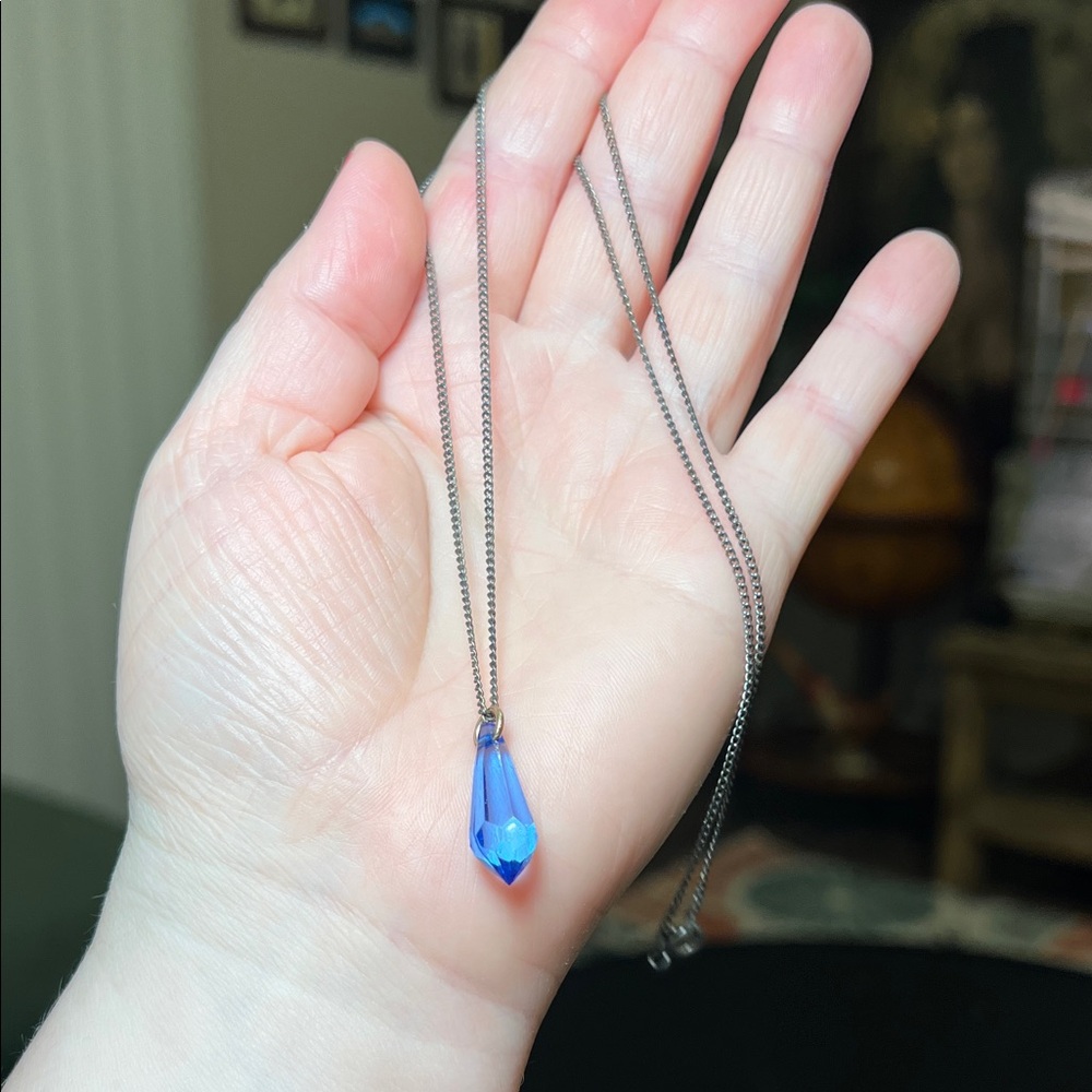 Vintage Art Deco Style Witchy Blue Acrylic Prism Silver Chain Necklace